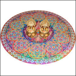 "Rangoli Sticker , 2 Kamakshi Diyas(Brass Material) - Click here to View more details about this Product